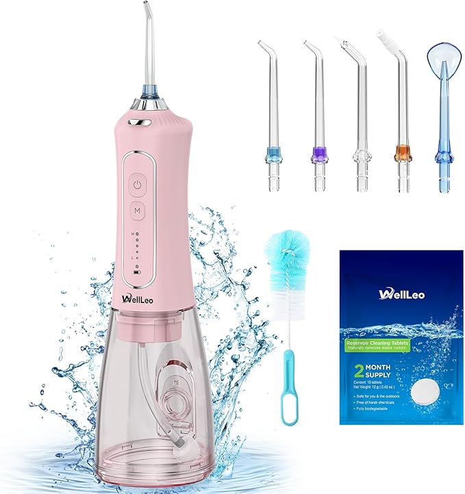 WellLeo Water Flossers for Teeth, 300ML Cordless Oral Irrigator Rechargeable Dental Flosser Picks with 5 Modes 5 Jet Tips,IPX7 Waterproof Teeth Cleaner for Braces Gum Care, Home Travel Use