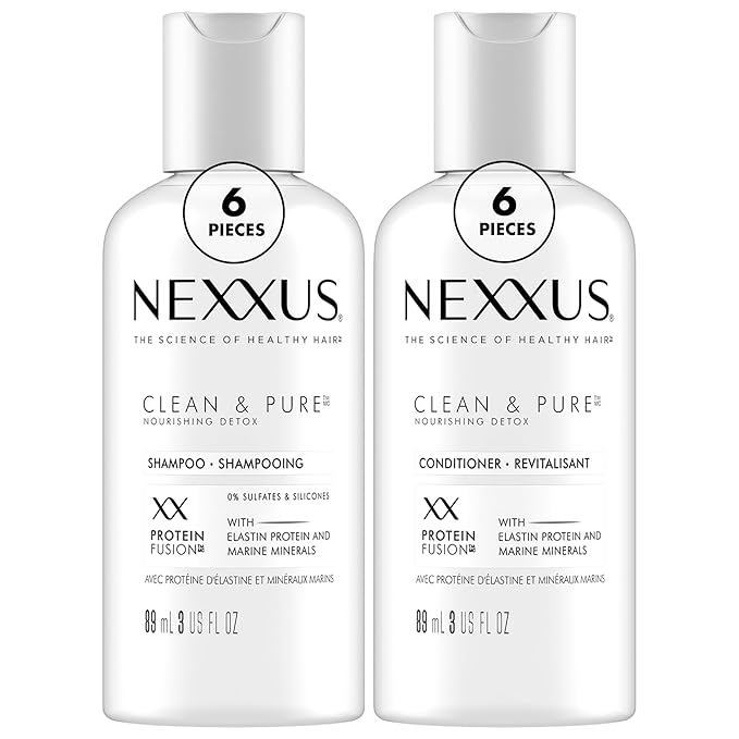 Nexxus Clean & Pure Shampoo and Conditioner, Travel-Size (6 Sets, 12 Bottles), Elastin Protein & Marine Minerals Purify & Detox, 3 Oz Ea