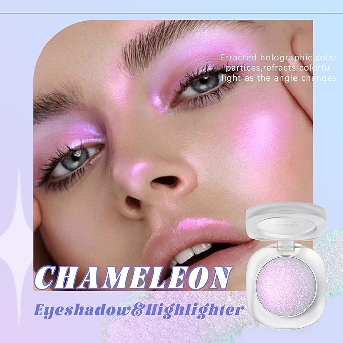 Holographic Chameleon Pink Silver Eyeshadow&Highlighter Palette, Color Shift Glitter Iridescent Cream Highlighter, Smooth Long Lasting Sparkling Eye Shadow Mermaid Facial Illuminator Makeup#02