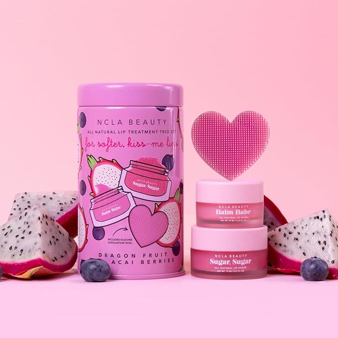 NCLA All Natural Lip Treatment Set - Hydrating Lip Balm - Vitamin C, E, and Agave Sugar Scrub with Silicone Scrubber - Dragon Fruit Acai Berry - 3 pc