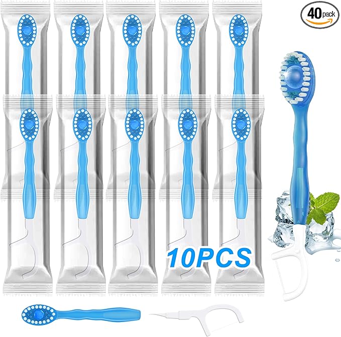 10 Pack 5-in-1 Disposable Toothbrushes with Toothpaste, Travel Toothbrush Set with Floss, Pick & Tongue Scraper, Individually Wrapped Mini Toothbrush for Adults, Work Camping - Mint Flavor