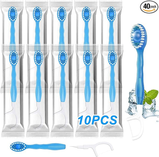 10 Pack 5-in-1 Disposable Toothbrushes with Toothpaste, Travel Toothbrush Set with Floss, Pick & Tongue Scraper, Individually Wrapped Mini Toothbrush for Adults, Work Camping - Mint Flavor