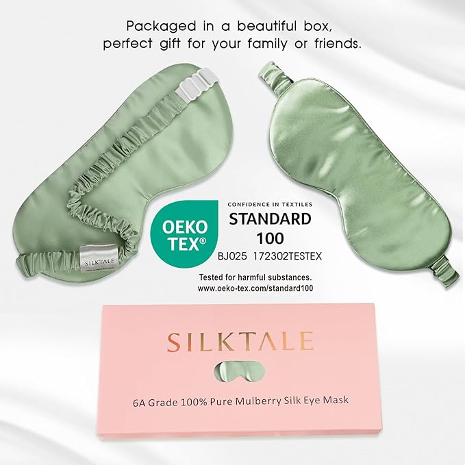 SILKTALE 100% Mulberry Silk Eye Mask for Sleeping with Silk Wrapped Adjustable Strap,Sage Green