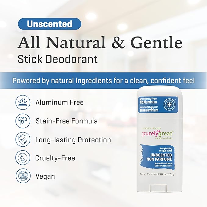 Purelygreat - Unscented Natural Deodorant Stick, Travel-Friendly Hygiene Essentials for Women, Natural Deodorant for Men Without Aluminum & Parabens, 2.64 oz / 75 g