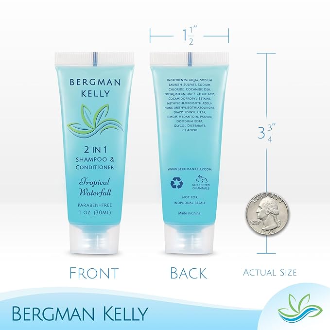 BERGMAN KELLY Rectangle Soap Bars, 2in1 Shampoo & Conditioner 2-Piece Set (Tropical Waterfall, 1 oz ea, 100 pc), Delight Your Guests with Revitalizing & Refreshing Sanitary Toiletries Hotel Amenities