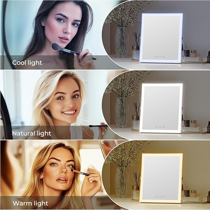 Vanity Mirror with Lights,10"x12" Lighted Makeup Mirror with 3 Color Modes, 360° Rotation Makeup Mirror with Lights, Dual Power Supply, Portable Desk Mirror, Smart Touch Control (White)