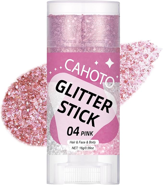 Pink Face Body & Hair Glitter Stick for Singer Concerts Outfit, Shimmer Stick Gel for Women, Sparkling Holographic Chunky Sequins for Carnival Halloween Festival Fairy Dust Makeup, 0.56oz