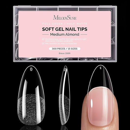 MelodySusie Medium Almond X Nail Tips - 300Pcs 15 Sizes Clear Acrylic, Half Matte Full Cover Press on Nails for DIY Extension&Salon Use, Pre-Shaped for Long-Lasting Manicure
