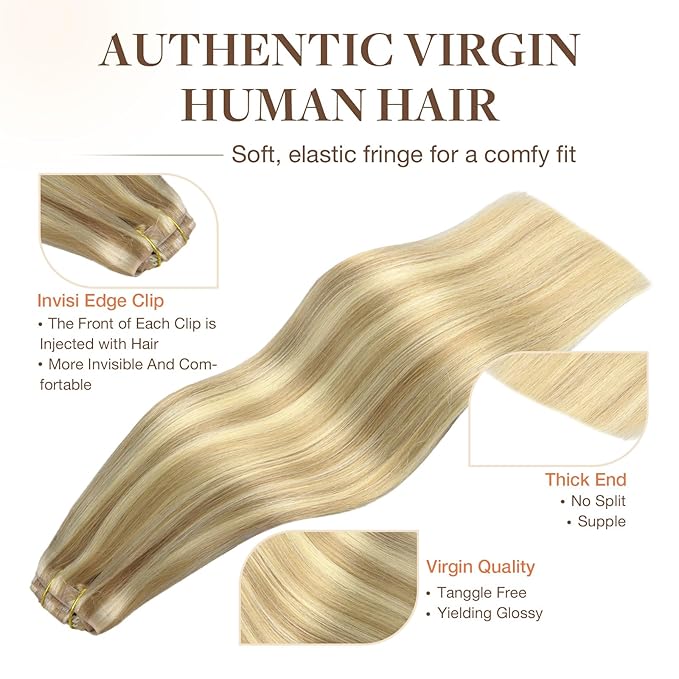 GOO GOO Invisi Edge Clip in Hair Extensions Set, 18inch 140g, 4pcs Injected Seamless PU Clip ins and 3pcs Classical PU Clip ins, Virgin Real Human Hair, #P16/22A