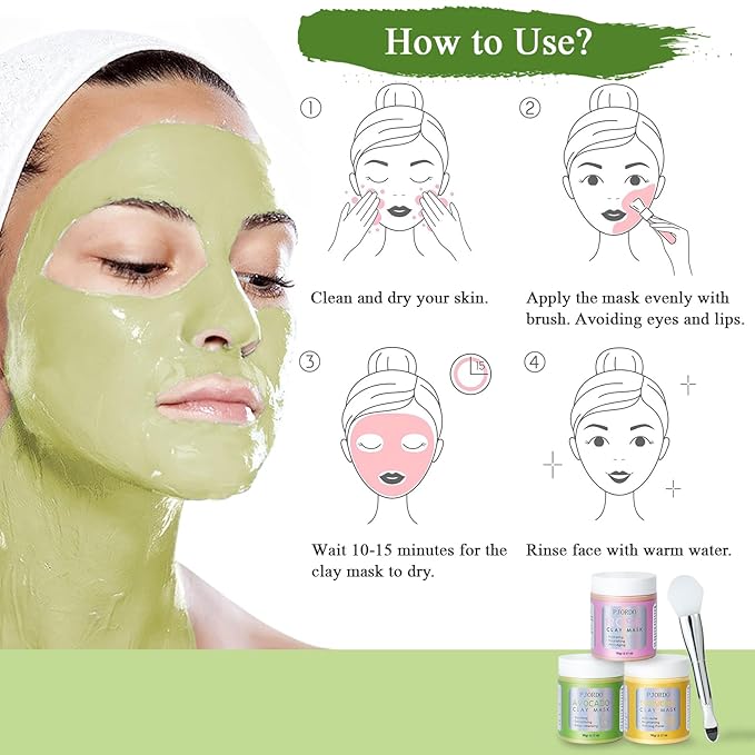 Pjordo 3 Pack clay mask, Turmeric Vitamin C, Avocado, Rose clay mask for face, Face Mask Skin Care for Deep Cleaning Reduce Blackheads Dark Spots, Valentines Day Gifts Set for Women, 3.17 Oz Each