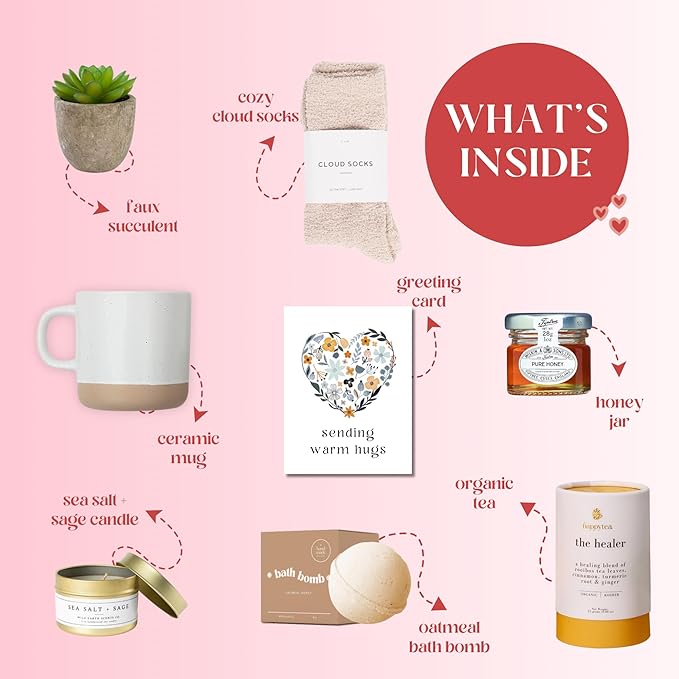 Unboxme Luxe Get Well Soon Gift Box for Women | Organic Self Care Package with Bath Bomb, FLuffy Socks, Mug, Lemon Ginger Tea Set, Candle & Warm Hugs Card | Feel Better Basket
