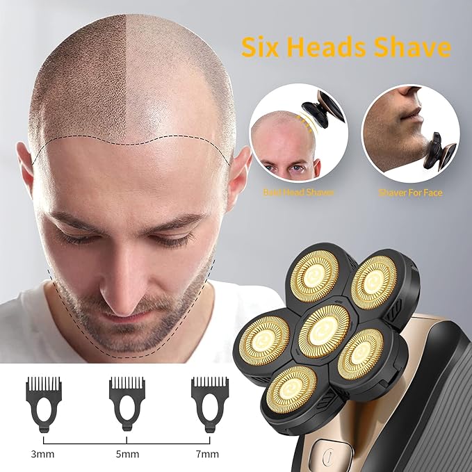 Head Shavers for Men - Upgraded Multifunctional Bald Head Shaver, Waterproof Electric Razor for Men Cordless Rechargeable Shaving Grooming Kit (Gold)