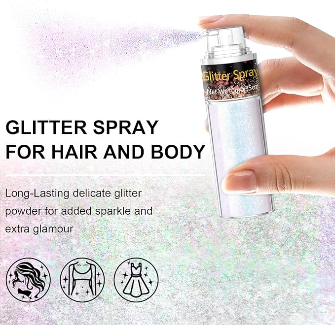 Hair and Body Glitter Spray, Holographic Glitter Highlighter Powder, Face Body Clothes Shiny Glitter, Loose Shimmer Hairspray Festival Rave Prom Accessories (Sparkling Pink)