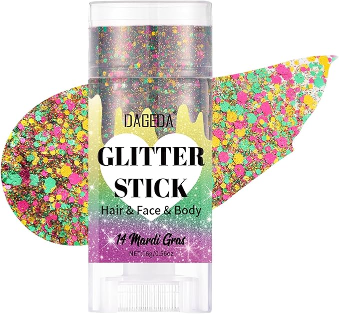 DAGEDA Mardi Gras Gold Body Glitter Stick, Sparkly Face Glitter Makeup, Shimmer Face Paint Stick for Mardi Gras Accessories, Holographic Gold Purple Green Glitters Carnival Outfits for Women