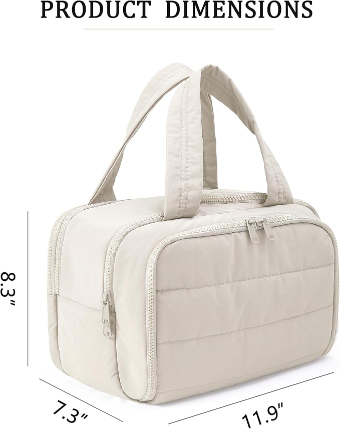 BUZFOWU Travel Toiletry Bag for Women, Large Wide-open Puffy Cosmetic Makeup Bag with Wet-Dry Separation, Multi-Pocket Organizer with Carry Handle for Toiletries, Cosmetics, Essentials, Beige