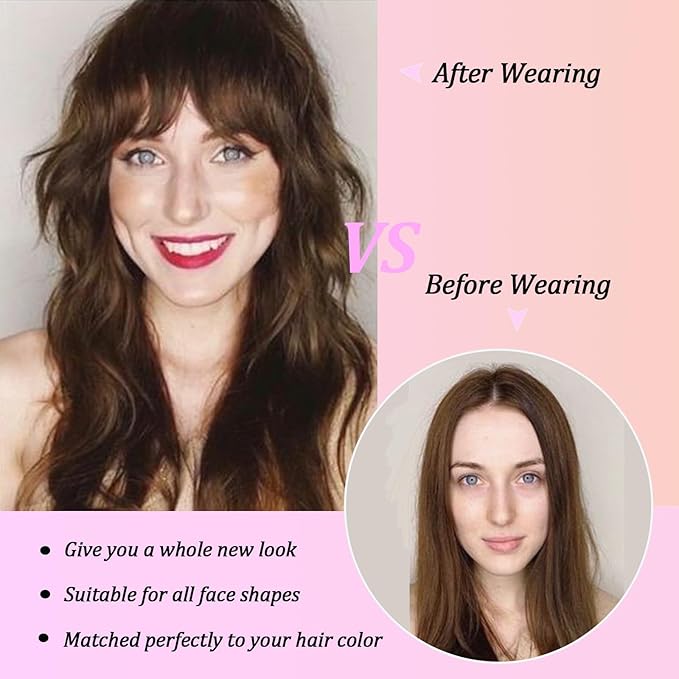 Clip on Wispy Bangs-Real Human Hair Clip in Bangs Hairpieces Ash Brown Fake Air Bangs Fringe with Temples Bangs Hair Clip Extensions
