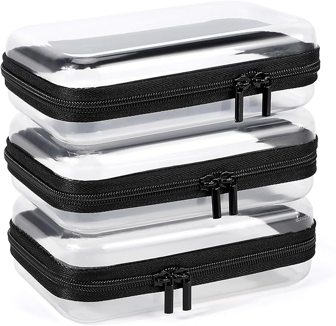 YOPCDJ 3 Pack Clear Hard Shell Zipper Case, Clear Zipper Pouches Waterproof Makeup Organizer & Travel Toiletry Bag, Plastic Pouch for Travel Office Storage, Home, Black Small Size