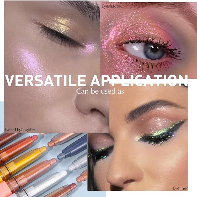 Glitter Eyeshadow Stick Metallic Chrome Finish, Shimmer Cream Eye Shadow Stick Long Lasting Holographic Color Sparkle Multi-Use Eye Brightener Highlighter Makeup Blendable Eyeliner Pencil, 7#