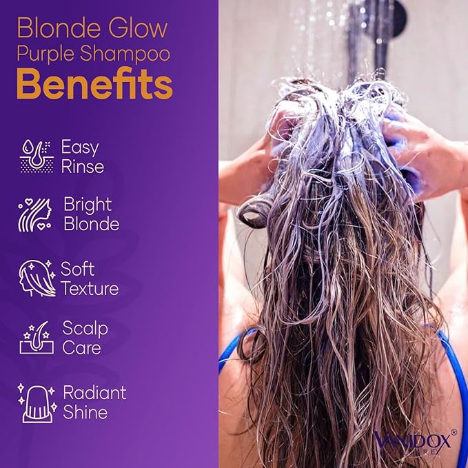 VANIDOX Sulfate Free Brass Toning Purple Shampoo for Blondes, Brown Highlighted, or Bleached Hair, Infused with Purple Rice Extract, Hyaluronic Acid, Vitamin E, and Chamomile Extract (16 fl oz)