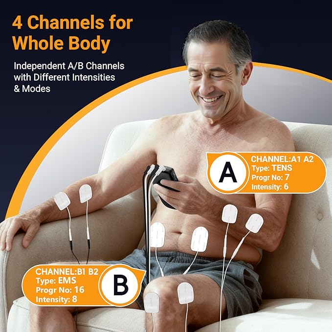 Comfytemp 4 Outputs TENS Unit for Sciatica Cover Multiple Parts, FSA HSA Eligible Rechargeable EMS&Massage TENS Unit Muscle Stimulator for Pain Relief with 24 Modes and DIY for Back, Shoulder, Neck