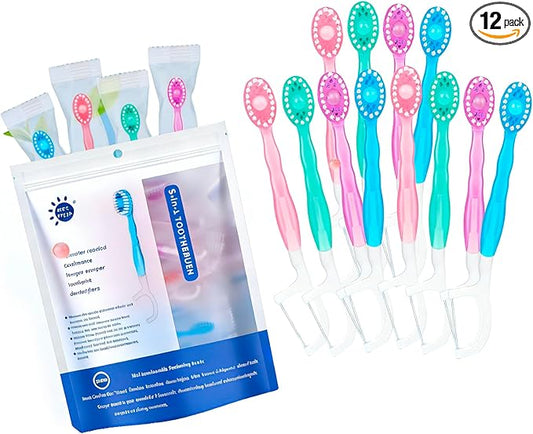 Disposable Travel Toothbrushes with Toothpaste, Individually Wrapped Mini Single Use Toothbrushes, No Water Needed Toothbrushes with Tongue Scraper for Travel, Hotel, Camping (12Packs)
