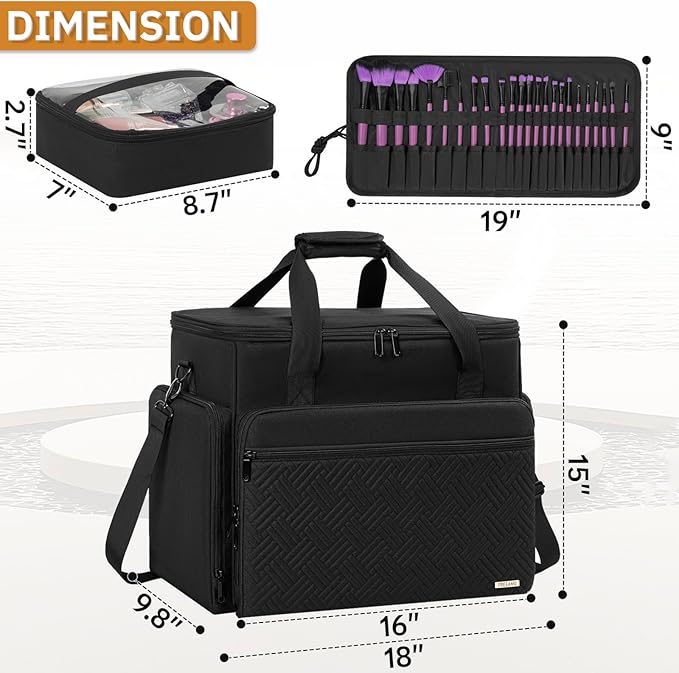 FREEAMG Extra Large Makeup Case with 4 Removable Pouches, Professional Make up Train Case, Travel Cosmetic Bag for Hairstylists Nail Tech Makeup Artist with Shoulder Strap and Handle (Black)（Bag only）