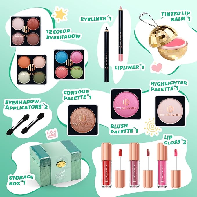 Color Nymph All In One Girls Makeup Kits for Teen Girls Full Kit with Storage Box, Make up Set for Girl with Eyeshadow Blushes Contour Highlighter Lipgloss Lipliner Lip Balm Eyeliner and Mirror