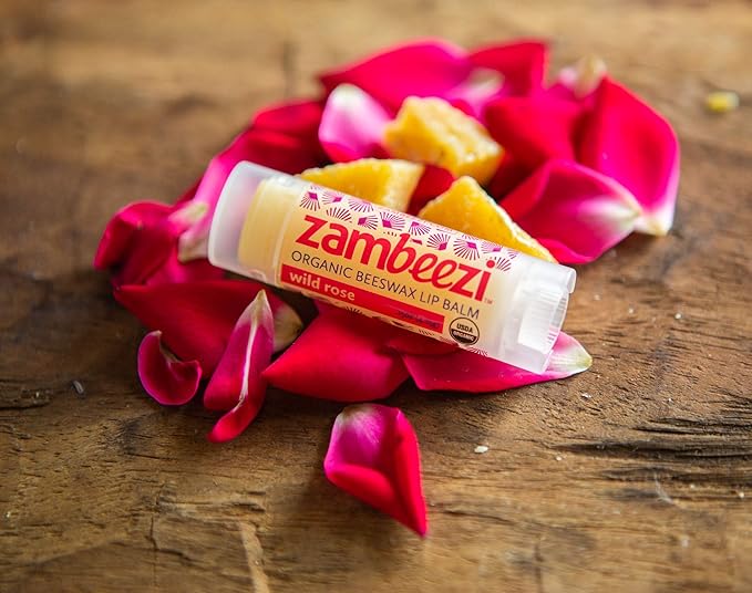 ZAMBEEZI Organic, Fair Trade Beeswax Lip Balm - Wild Rose 3 Pack - Ethically Sourced