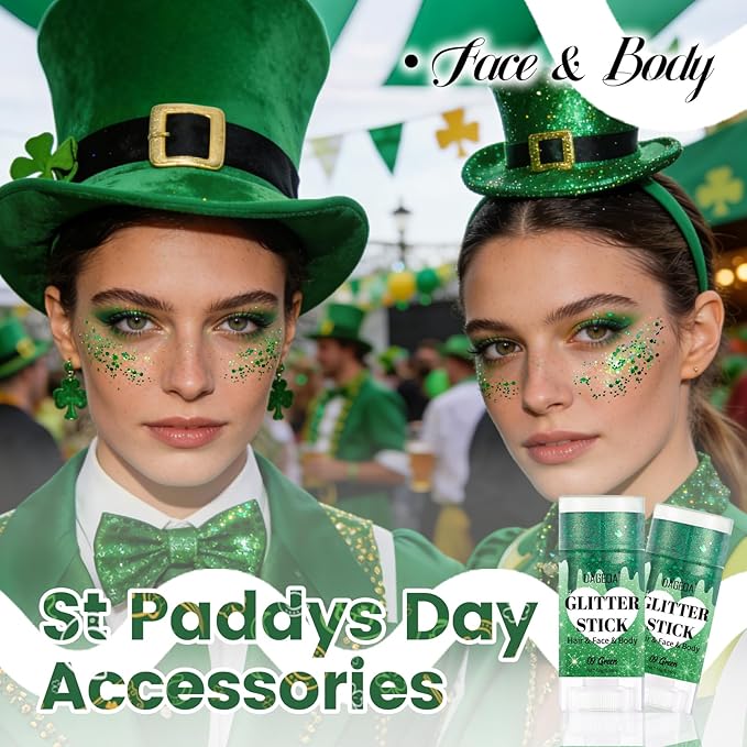 DAGEDA Green Body Glitter Stick,St Patricks Day Accessories,Sparkly Green Face Glitter Makeup,Holographic Hair Glitters St Patricks Day Costumes for Women, Shimmer Face Paint Stick for Carnival Party