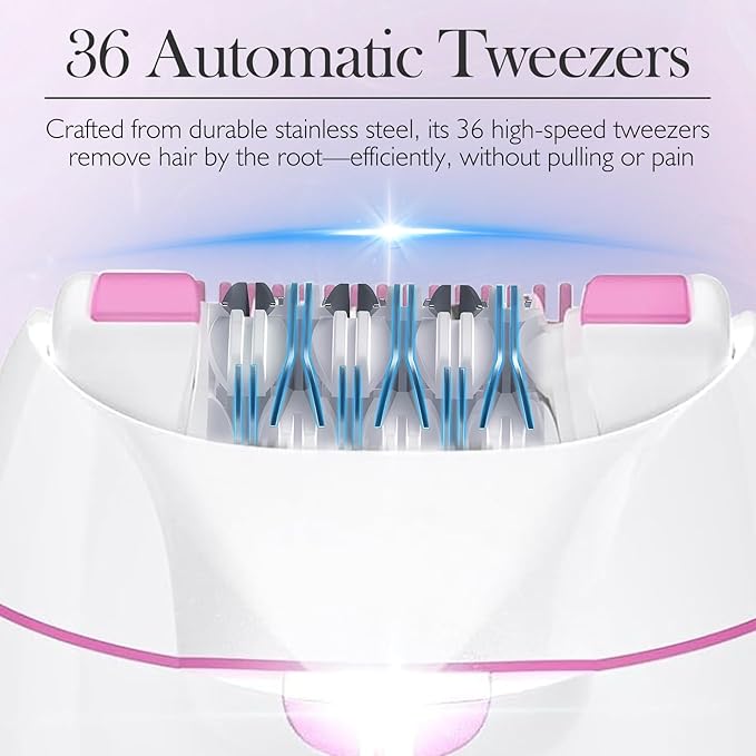 Smooth Glide Epilator for Women, 2 Speeds Painless Hair Removal Device with 36 Tweezers & LED Light, Rechargeable Epilators Hair Removal for Face, Bikini, Arms, Legs, Armpits (Hot Pink)