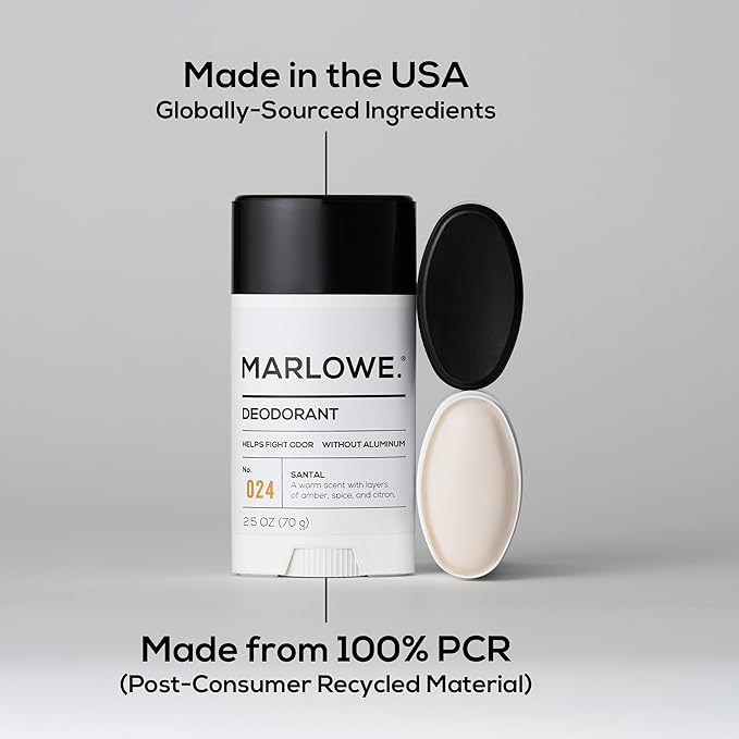 MARLOWE. No. 024 Deodorant 2.5 oz, Jojoba Esters, Coconut Oil, Shea Butter & Tapioca Starch for Odor Protection, Formulated without Aluminum & Baking Soda, Warm & Spicy Santal Scent
