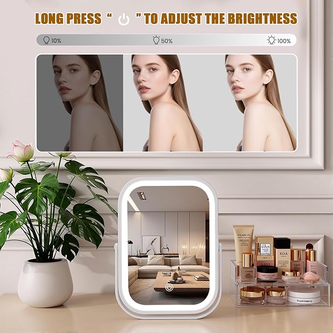 Vanity Mirror with Lights, 6"×8" Travel Makeup Mirror with lights Built-in 1500mAH Battery, Smart Touch with 3-Color Lighting, Dimmable, Compact Desk Mirror, Women Gift, Travel Essentials(White)