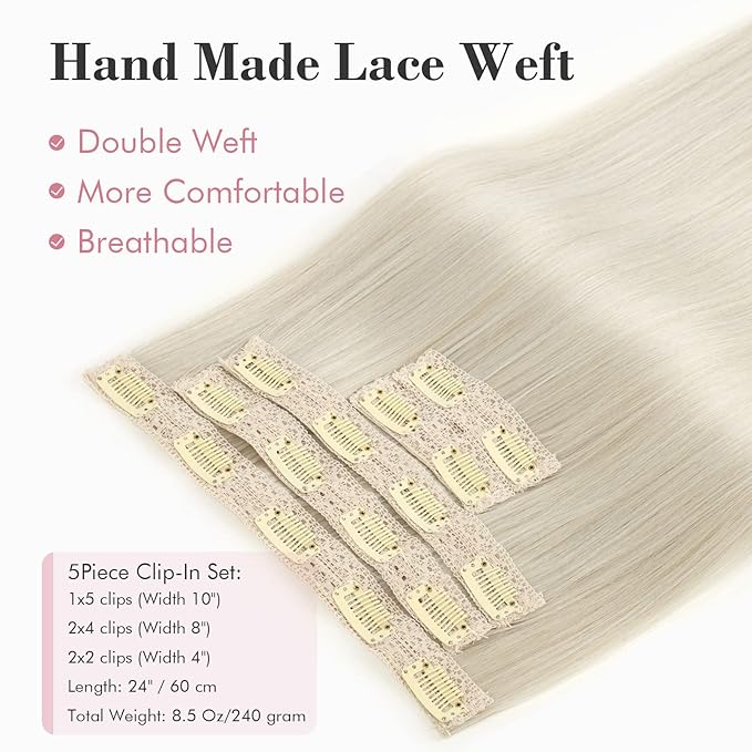 REECHO Clip in Hair Extensions, Hair Extensions Thick Long Lace Weft Lightweight Synthetic Hairpieces for Women (24 Inch-240 Gram(Pack of 5), Platinum Blonde)