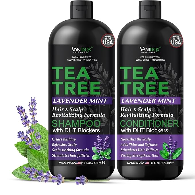 Vanidox Tea Tree Shampoo and Conditioner Set with Lavender and Mint | DHT Blockers | With 100% Pure Tea Tree Oil for Itchy, Dry Scalp | Sulfate & Paraben Free | For Men & Women | 16 fl oz Each