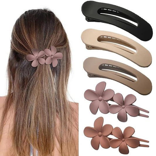 5 PCS Flat Hair Clips, Medium Lay Flat Claw Clips for Women Girls, 2 Styles Stylish Matte Non-slip Hair Claws for Thick Thin Hair(Pink&Purple)