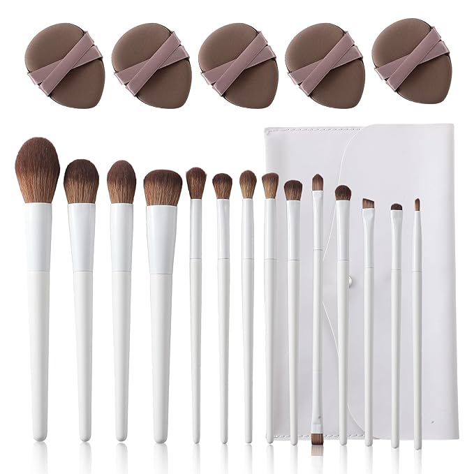 Makeup Brushes 14-Piece Premium Synthetic Makeup Brush Set Foundation Powder Contour Concealers Eyeshadow Blending Liner Makeup Brush Kit with Powder Puffs & Brush Bag