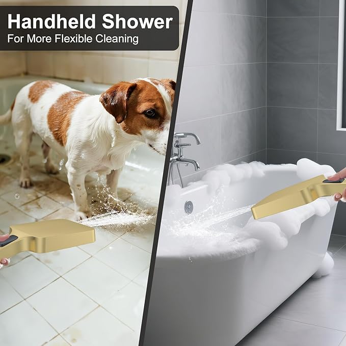 Shower System 13-Inch Rainfall Shower Head - 3 Setting Handheld Sprayer, Complete Bathroom Set with Faucet Mixer Trim Kit & Valve Brushed Gold