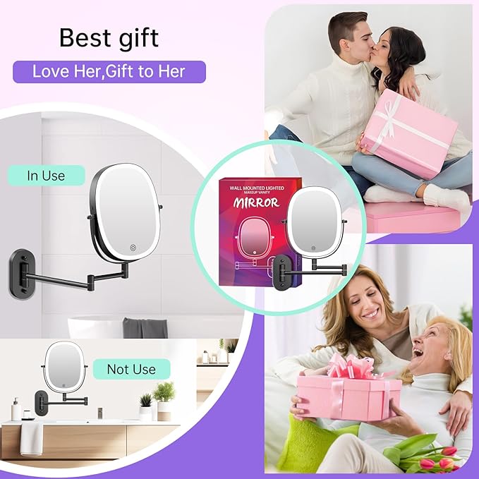 FUNTOUCH Wall Mounted Makeup Mirror with Light, Oval Rechargeable Double-Sided 7X/1X Magnifying Mirror, Vanity Mirror Dimmable 3 Color Light, 360° Extension Rotation Foldable 13.5 in
