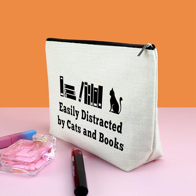 Cat Lover Gifts Book Lover Gift for Women Makeup Bag Cat Mom Gift Cat Bookworm Themed Cosmetic Bag Birthday Gift for Girls Library Worker Gift Valentines Day Graduation Gift Travel Cosmetic Pouch