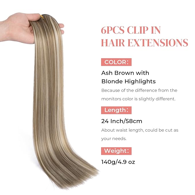 LONAI Clip in hair extensions 6PCS Straight 24" Hair Extensions for Women，Heat Resistant Synthetic Hairpiece-Ash Brown with Blonde Highlights