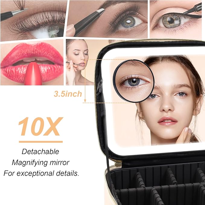 Jadazror Portable Travel Makeup Bag with Lighted Mirror, 3 Color Brightness, Beige