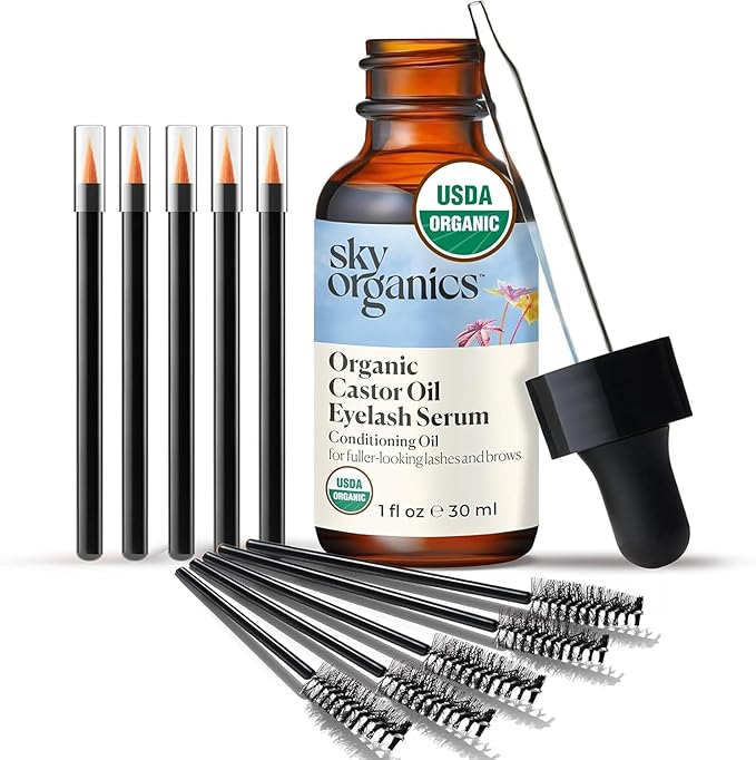 Sky Organics Pure Cold-Pressed Castor Conditioning Oil, Hexane-Free Nourishing Formula for Delicate Eyelash & Brow Serum, 1 fl oz / 30 ml.