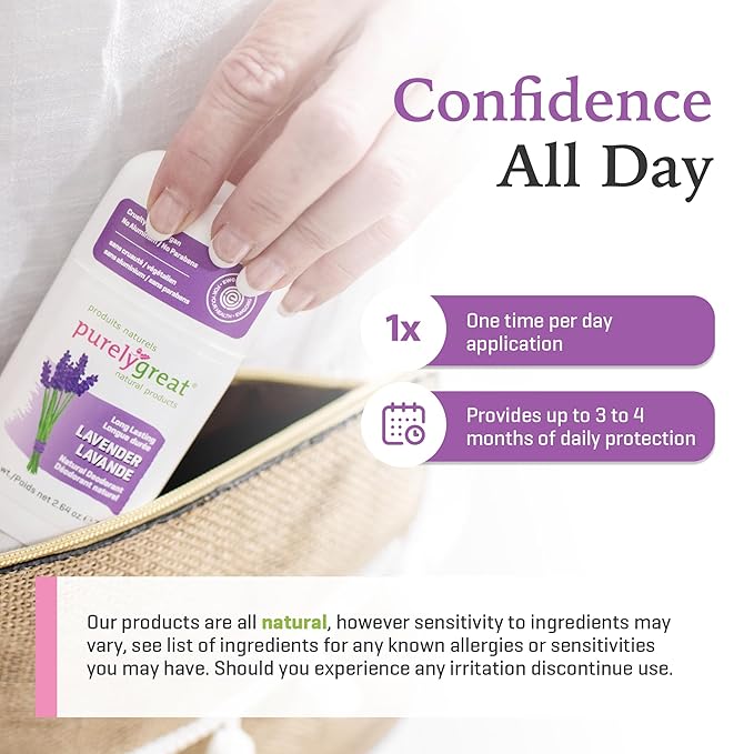 Purelygreat - Lavender Scented Natural Deodorant Stick, Travel-Friendly Hygiene Essentials for Women, Natural Deodorant for Men Without Aluminum & Parabens, 2.64 oz / 75 g