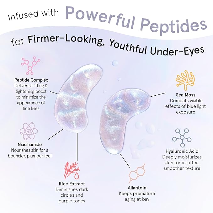 grace & stella Peptide Under Eye Patches with Niacinamide & Rice Extract - Firming Eye Masks for Dark Circles and Puffiness - Valentines Day Gift Bags - Vegan, Cruelty-Free (White, 6 Pairs)