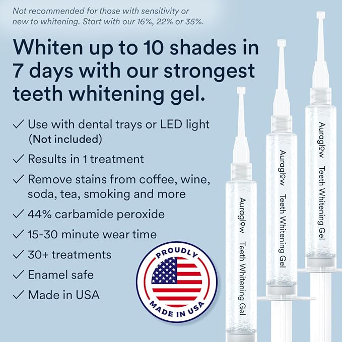 Auraglow 44% Teeth Whitening Gel Syringe Refill Pack, 44% Carbamide Peroxide, (3X) 5ml Syringes, 30 Whitening Treatments