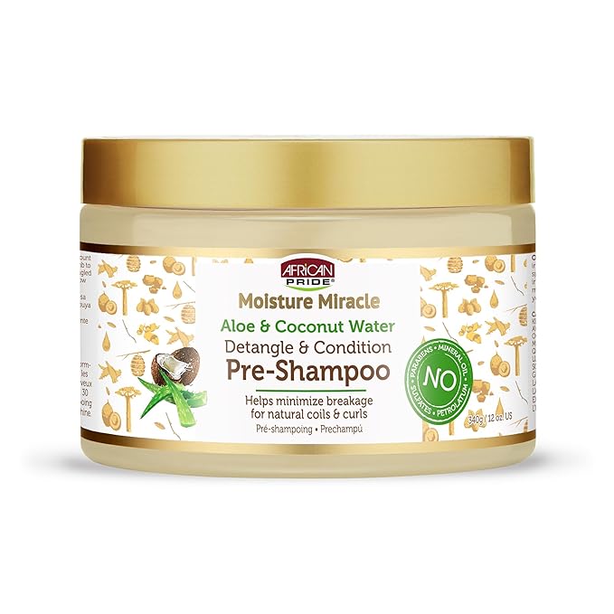 African Pride Moisture Miracle Pre-Shampoo Hair Detangler with Aloe & Coconut Water | Minimizes Breakage, Hydrates & Strengthens | Pre-Poo Treatment for Natural Coils & Curls | 12 oz.
