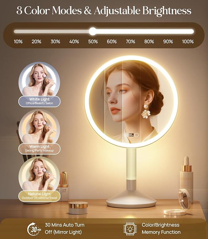 Gospire 10.8 Inch 2-in-1 Large Vanity Mirror with Lights & Bedside Table Lamp, Height Adjustable Lighted Makeup Mirror with Magnification 10X, 5000mAh Battery, 3-Color Desk Light Up Mirrors Bathroom