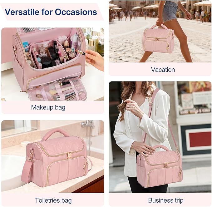 GR69N Travel Toiletry Bag Large Cosmetic Makeup Bag Organizer for Women,Wide-open Make Up Bag Waterproof Makeup Case Travel Bag with Handle and Dividers for Toiletries,Essentials,Accessories,Dark Pink