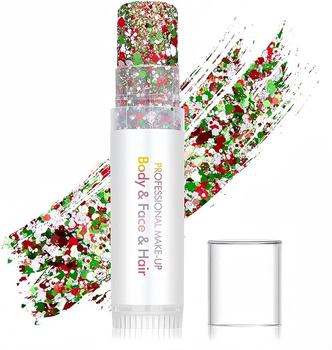 Body Glitter Stick, Sparkling Neon Outfit Holographic Sequins Glitters for Eye Lip Hair Nails Face and Body Glitter Gel Makeup (Red & Green& White)