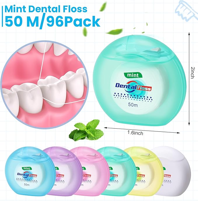 Geiserailie 96 Pack Dental Floss Bulk Mint Flavored Floss 50m Each Travel Dental String Oral Care for Teeth Protection(Round Box)